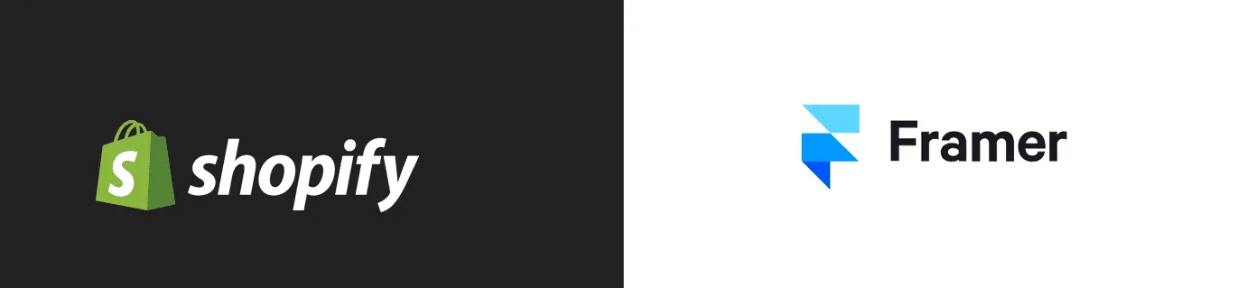 Shopify logo on a dark panel beside the Framer logo on white