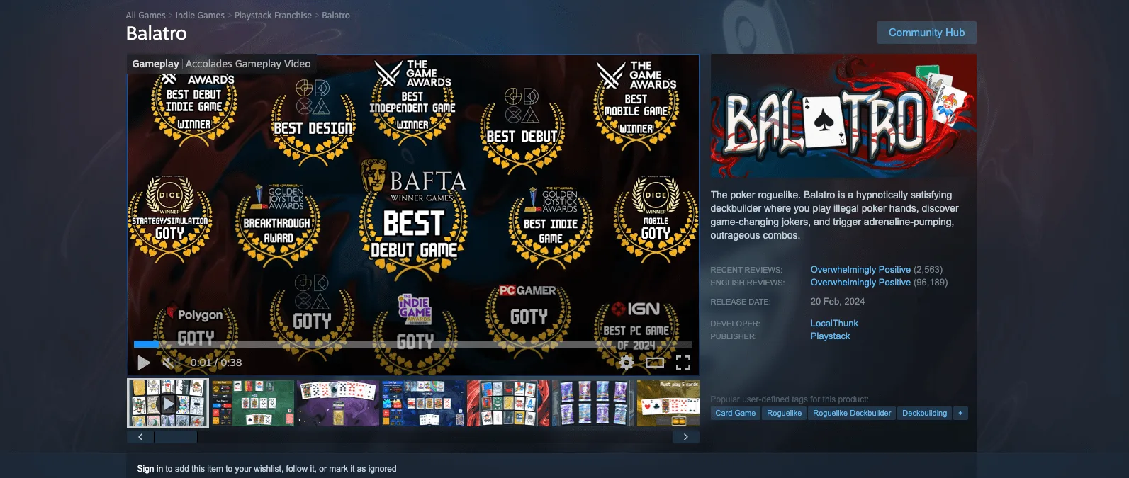 Balatro Steam store page showing its awards trailer, Overwhelmingly Positive reviews and developer LocalThunk