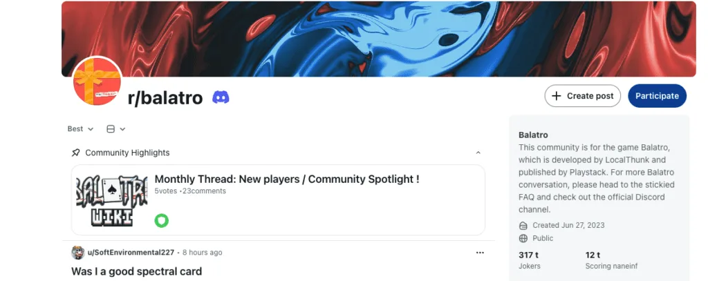 The r/balatro subreddit page with a monthly new players thread and the community description