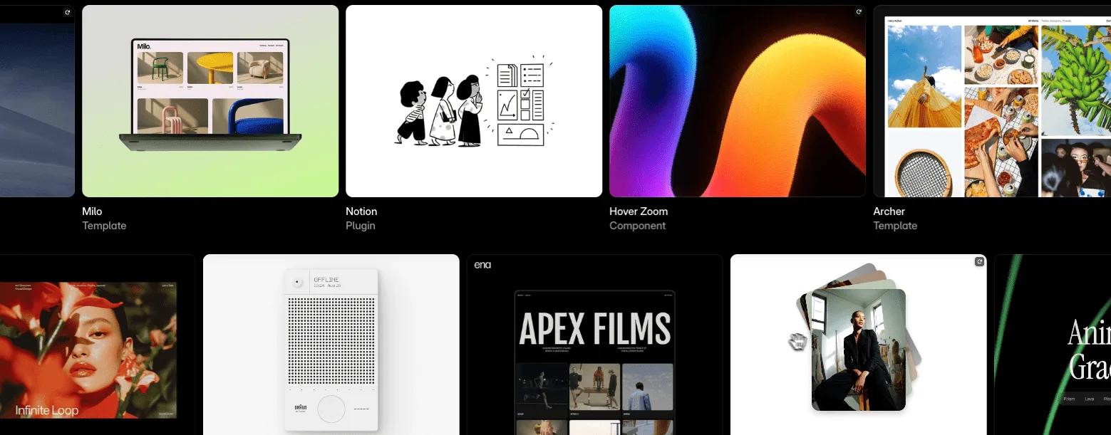 Framer marketplace grid of templates, plugins and components including Milo, Notion, Hover Zoom and Archer