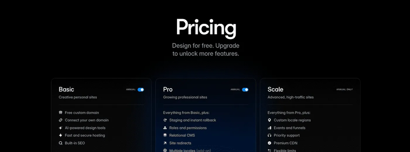 Framer pricing page listing Basic, Pro and Scale plans, with the Basic tier including a free custom domain and hosting