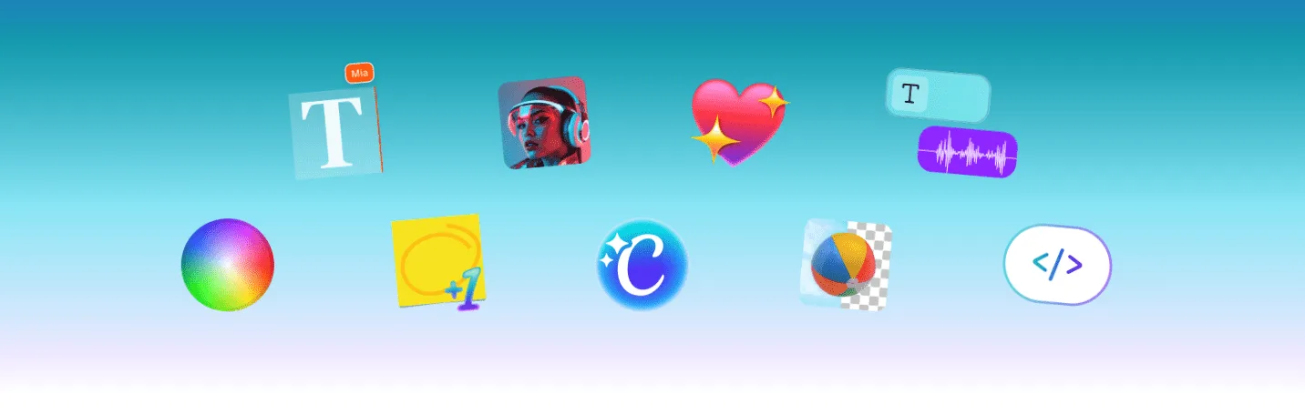 Canva Magic Studio app icons on a gradient background, including text, image, sticker and code tools