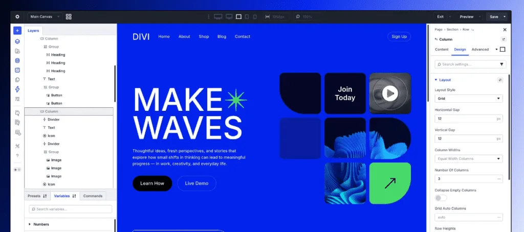 Divi visual builder editing a Make Waves page with a layers panel and column layout settings open