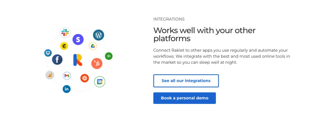 Raklet integrations page showing Slack, Stripe, WordPress, Mailchimp, HubSpot, Zapier and other app icons