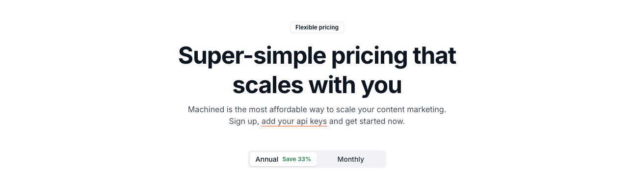 Machined AI pricing page with annual and monthly plans, annual saving 33%, where a Machined AI coupon code applies