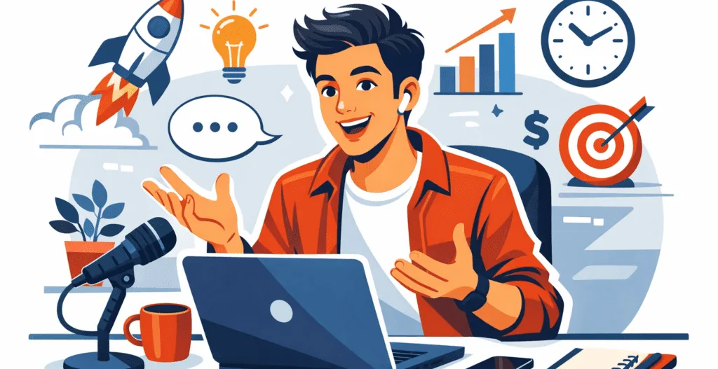 Illustration of an excited creator at a laptop with a microphone, rocket, chart and target icons around him