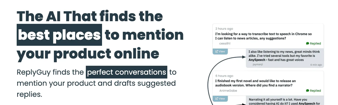 ReplyGuy homepage headline about an AI that finds places to mention your product, with sample Reddit replies