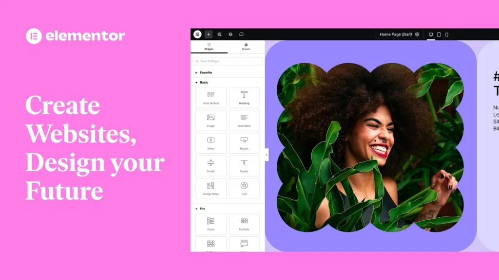 Elementor banner reading Create Websites, Design your Future beside the editor's widget panel and a page preview