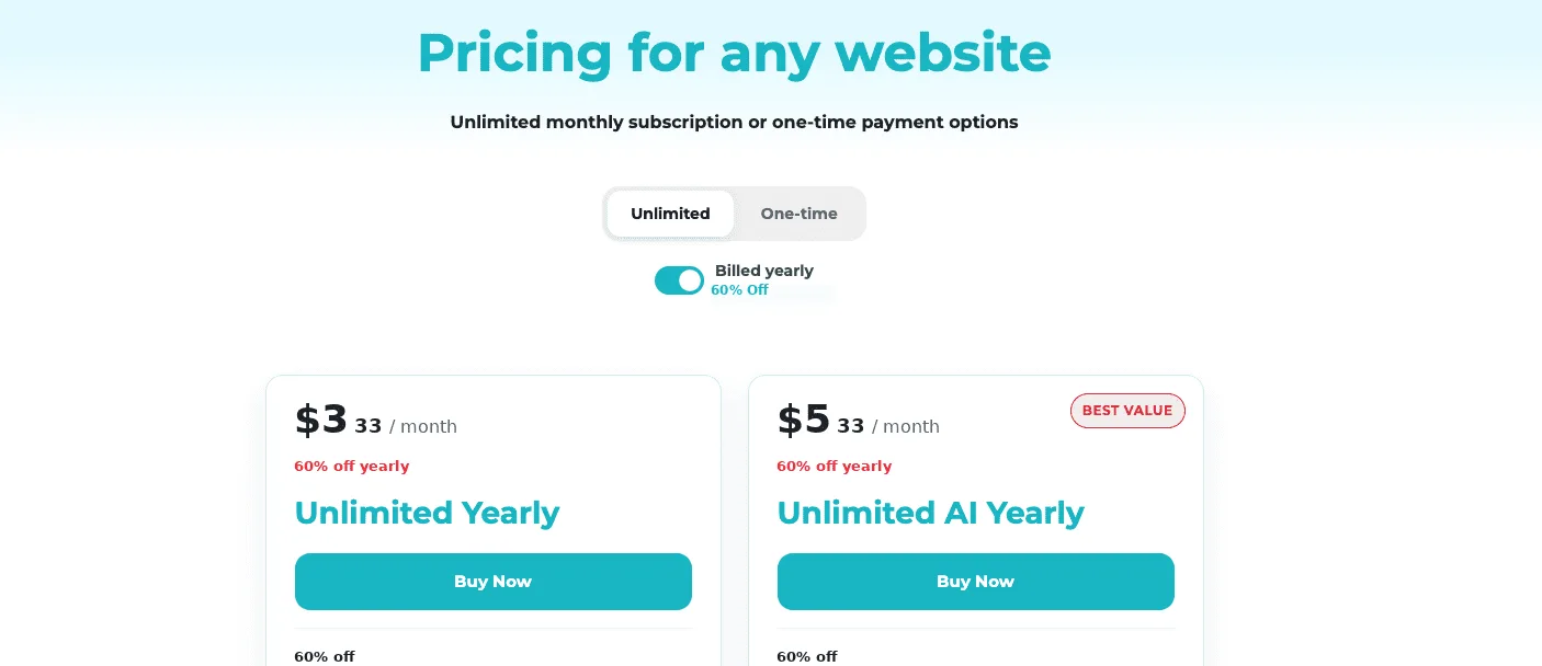 ShortPixel pricing page with Unlimited Yearly and Unlimited AI Yearly plans at 60% off billed yearly