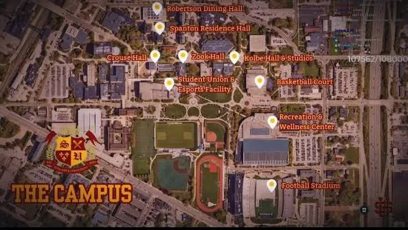 Aerial campus map of Streamer University with pins for dining hall, residence hall, esports facility and stadium