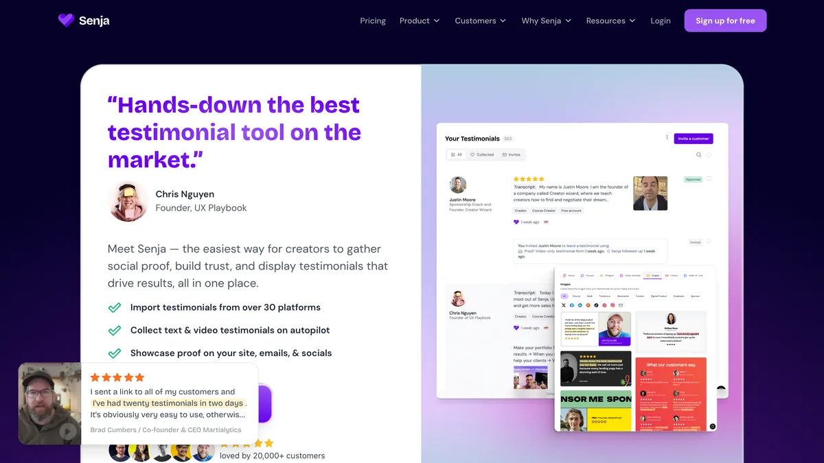 Senja's homepage — what the testimonial tool does