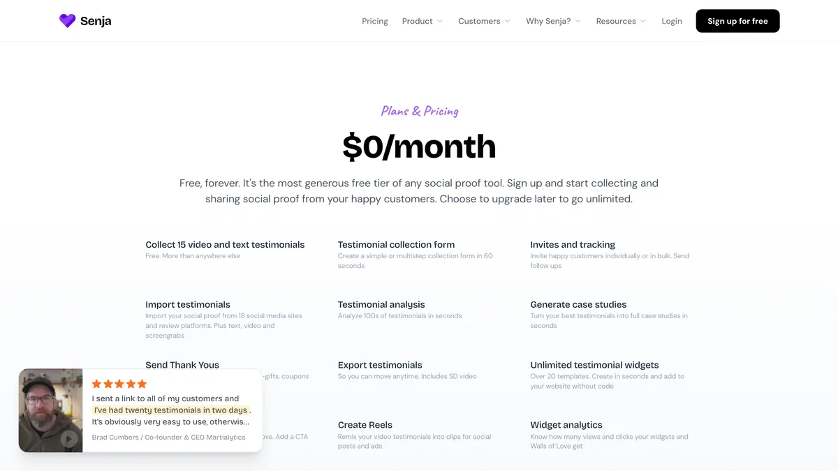 Senja pricing page — the free plan's limits